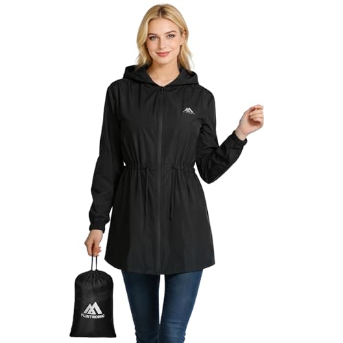 flintronic Chubasquero Mujer Cortaviento Ligero, Impermeable Chaqueta Transpirable con Capucha, Cremallera, Bolsillos, Senderismo Cazadora, Negro, L