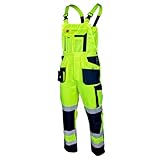 ART.MAS Hi-Vis Bib and Brace Overalls Yellow Class 2 Visibility Work Dungarees with Reflective Bands - Comfort & Safe Construction Railway Highway Workwear (30/32 Inch - 48 EU, NO Knee Pads)
