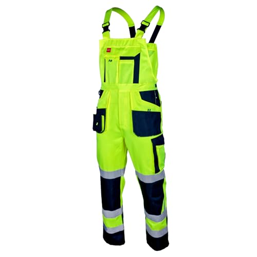 ART.MAS Hi-Vis Bib and Brace Overalls Yellow Class 2 Visibility Work Dungarees with Reflective Bands - Comfort & Safe Construction Railway Highway Workwear (30/32 Inch - 48 EU, NO Knee Pads)