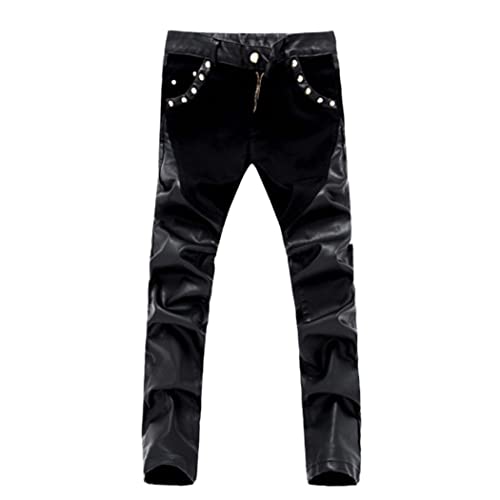WEGUKRI Pantalones de cuero de los hombres Patchwork Casual Skinny Motorcycle Leather Pants Slim Stretch PU Leather Pants, Negro, 30