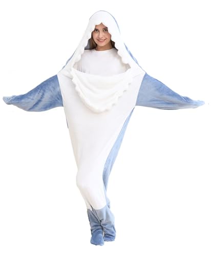 Unisex Children's Shark Onesie Sleeping Bag with Hood, Wearable Shark Blanket for Holiday Cosplay