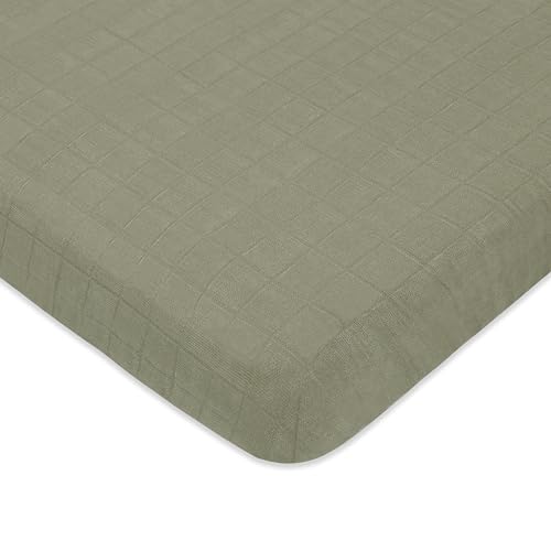 Image of Babyletto 100% Organic Cotton Mini Crib Sheet, GOTS-Certified, Fitted 360°, Ultra-Soft and Breathable Muslin - Matcha Green