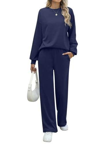 REORIA Damen Baumwolle Rundhals Jogginganzug Langärmliges Oberteil und weite Hose Zweiteiler Trainingsanzug Hausanzug Sport Set Lounge Set Marineblau L