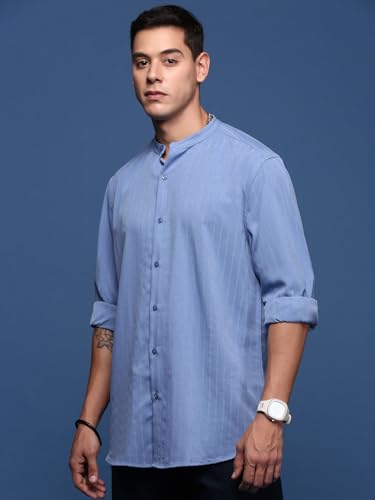 Image of SHOWOFFFF Men Solid Casual Shirt | Mandarin Collar Full Sleeves Cotton Shirt for Mens | Slim Fit Regular Length Shirt for Men's