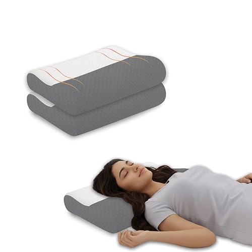 Image of Cervical Neck Pillow Set of 2, Ergonomic Contour Memory Foam for Sleeping, 220 GSM Jacquard Cover, Grey Support Cushion, 48 x 30 x 9 cm, Ideal for Side and Back Sleepers