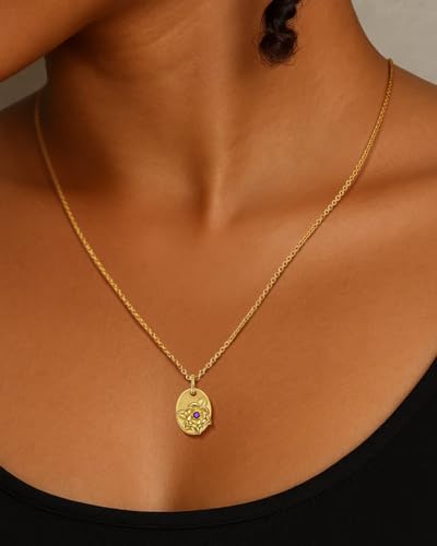 14k Gold Plated Birth Flower Necklace for Women, 925 Sterling Silver Oval Medal Pendant with Birthstone, Minimalist Floral Charm Jewelry, Anniversary Birthday Gift for Her Mom Wife Friends2