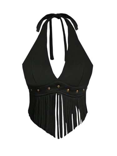 MakeMeChic Womens Fringe Rodeo Faux Suede Halter Tops Tie Backless Sleeveless Western Cowgirl Concert Outfits Black Small