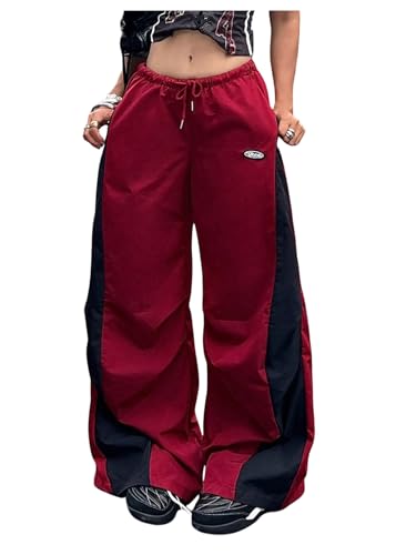 Women's Y2K Baggy Pants Wide Leg Parachute Track Pants Elastic Waist Striped Color Block Sweatpants with Pocket