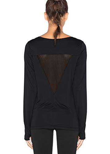 Mippo Womens Workout Active Long Sleeve Tops Open Back Shirts Long Sleeve Exercise Athletic Tops Gym Yoga Clothes Backless Self Knot at Front Top with Thumb Hole for Women Black L