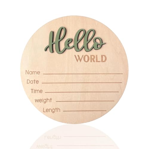 Baby Announcement Sign, ​5.9 Inch Wooden Hello World Newborn Signs, Birth Announcement Sign, Baby Shower Hospital Nursery for Newborn Boys and Girls (Forest Green)