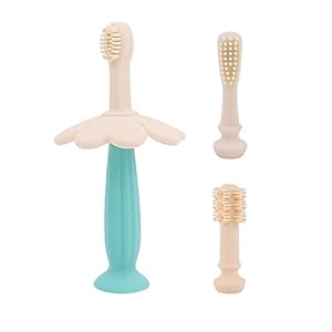 Tandenborstel voor baby’s en peuters, 360 ° baby-anti-choke siliconen bijtring tandenborstel, met 3 vervangende koppen en opbergdoos, voor baby mondverzorging