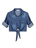 Women's 3/4 Sleeve Front Tie Shirt Denim Shirt Crop Cardigan Jean Crop Top Chambray Knot Shirt Dark Blue XX-Large
