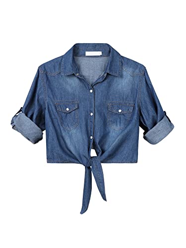 Women's 3/4 Sleeve Front Tie Shirt Denim Shirt Crop Cardigan Jean Crop Top Chambray Knot Shirt