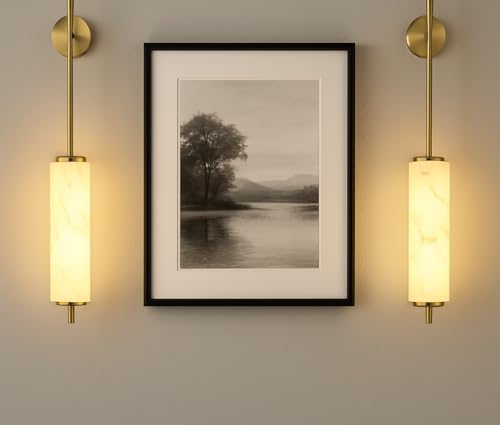 Image of blissbells Modern Brass & Alabaster Wall Sconce Light - Vertical Cylinder Design for Bedroom, Living Room & Hallway Decor (Cylindrical Sconce)
