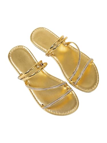 GORGLITTER Women's Metallic Strappy Sandals Dressy Rhinestone Sparkly Beach Sandals Open Toe Slip on Flat Slides