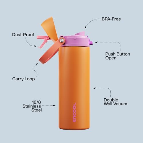 Image of Insulated Water Bottle with Straw - Encool Stainless Steel Water Bottle with Push Button Lid, Leak-Proof & BPA-Free, Keeps Cold for 24 Hours for Sports, Travel, Gym (24 oz, Tiger Eye)