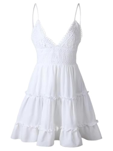 Image of ebossy Women's Sexy Boho V Neck Sleeveless Backless Lace Swing Mini Dress Spaghetti Straps Beach Vacation Sundress (Large, White)