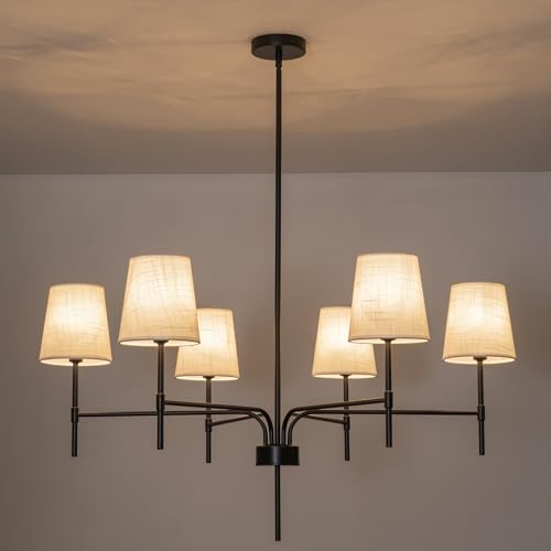 2026 New Black Farmhouse Chandelier with White Fabric Shade, 34"