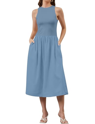 Image of TERIVEEK Women Summer Sleeveless Midi Dress Casual High Neck Patchwork Tank Sundress Boho Flowy A Line Dress with Pockets Blue
