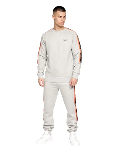 Crosshatch Men’s Crew Neck Sweatshirt & Jogger Tracksuit Set – Branded Sleeve Panels, 3D Embroidery & Rubber Chest Print – Cotton Blend Loungewear Grey Marl L