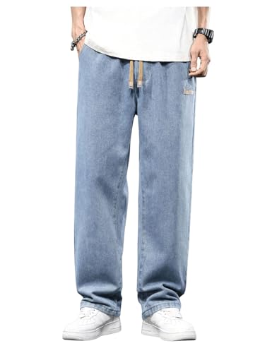 OYOANGLE Men's Vintage Elastic Drawstring Waist Jeans Casual Straight Leg Denim Pants