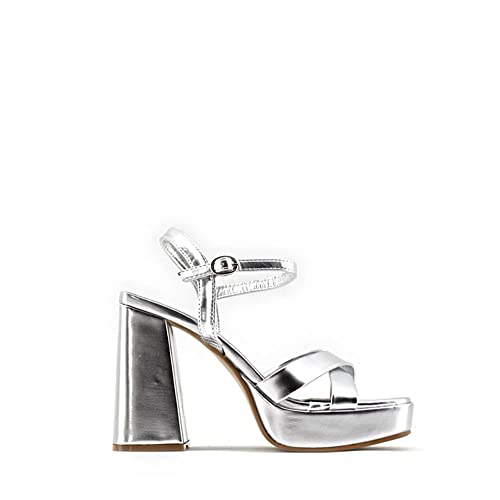 MODELISA - Sandalia Tacón Ancho Con Plataforma Pu Hebilla Pulsera Tobillo Tiras Cruzadas Mujer (Plata, numeric_39)