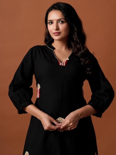 Image of INDO ERA Women's's Pure Cotton Embroidered Kurta Women | Floral Neck & Hem Embroidery | Cotton Kurta Women |