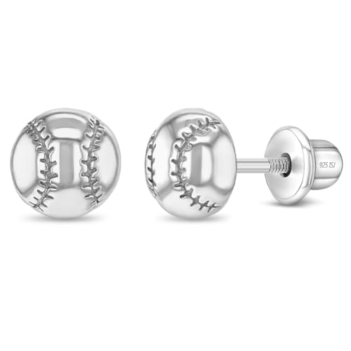 925 Sterling Silver Polished Baseball Safety Screw Back Earrings For Little Girls and Preteens - Fun Baseball Sports Themed Earrings For A Little Girl - Sports Accessories For Kids