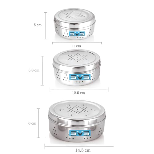 Image of Stainless Steel Green Coriander Storage Box Curry Leaves Box Set, Sprouts with air Ventilation Food containers Silver Dabba Flat Box Steel Dabba (set of 3)
