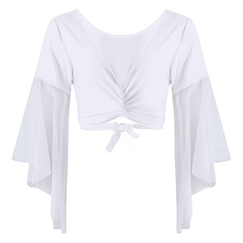 Sxiwei Dam Fladdermusärmade Tüll Toppar Vringning Snörning Buk Danskostym Bolero Shurg Kort Kardigantoppar Vit One Size