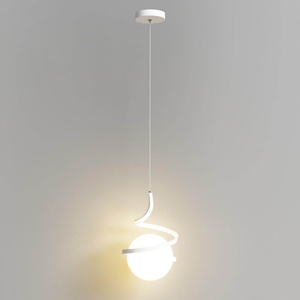 Mjsdjof White Planet Pendant Light, Spiral Metal Hanging Lamp with Spherical Acrylic Shade, E27 Bedside Chandelier, Children's Room Decorative Suspension Lamps, Modern Simple Drop Lights