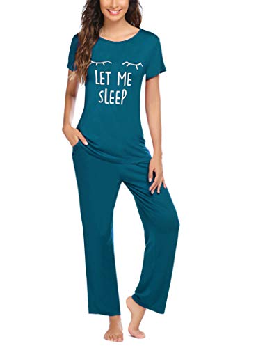 Ekouaer Pajamas for Women Short Sleeve Pj Printed Ladies Pajamas Soft Female Pajamas Set Peacock Blue XL