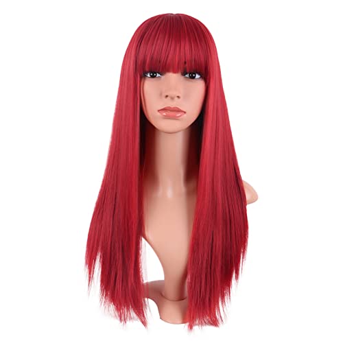 MapofBeauty 24 Inch/60 cm Women Long Straight with Flat Bangs Synthetic Hair Heat Resistant Fiber Hair for Party Cosplay Wig (Red) - Image 3