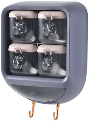 Large Capacity Wall-Mounted Spice Organizer - Clear 4-Cell Condiment Jars with Spoons & Hooks for Seasoning, Salt, and Spice Storage - Kitchen Essential, Space-Saving Solution