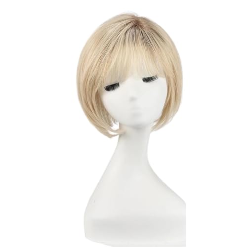 Piezas de cabello humano para mujer, pelo corto bob con flequillo, separación lateral de 25,4 cm, postizos para mujeres con cabello fino, base de 16,5 cm × 16,5 cm, añade volumen al cabello (rubio