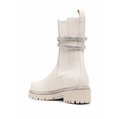 keleimusi Women's Crystal Embellished Ankle Wrap Chelsea Combat Booties with Flat Lugs3