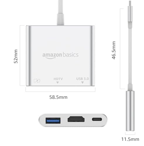 Image of Amazon Basics 3-in-1 USB Type C to HDMI Adapter 4K@30Hz, 100W PD Fast Charging Port, USB A 3.0 @5Gbps Speed, MultiPort HUB for MacBook Pro Air, Windows, Laptop, Tablet, Smartphone & All Type C Devices