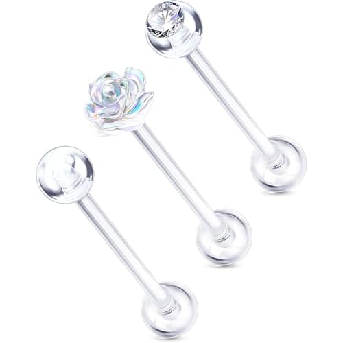 OUFER 3PCS Plastic Helix Piercing Jewelry, Clear Lip Piercing Retainers for Surgery, Cute Paw/Bow/Flower Lip Rings for Women, 16G Flat Back Cartilage Tragus Lobe Earrings for Women and Men-8