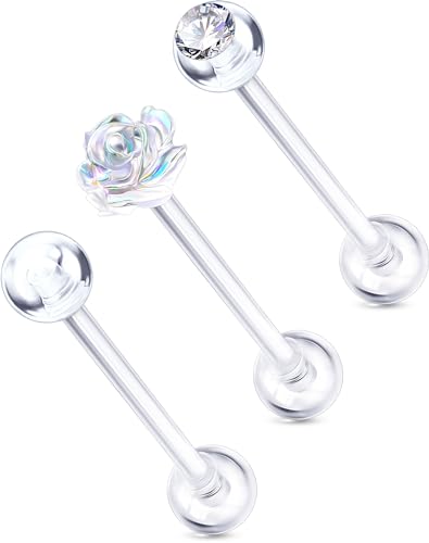OUFER 3PCS Plastic Tongue Rings, Clear Tongue Piercing Retainers for Surgery, Cute Flower Tongue Jewelry, 14G Clear CZ Nipple Piercing Jewelry-16MM