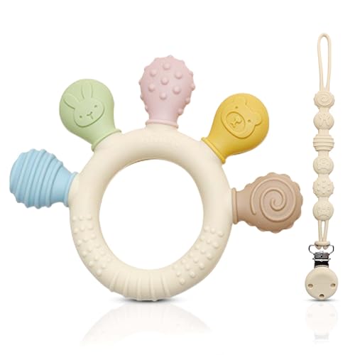 baHgi Baby-Beißring mit BPA-frei Schnullerkette aus Silikon - Beißring und Beißhilfe, Babyspielzeug zum Greifen mit bunten Tiermotiven (Piage)