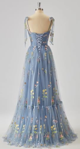 Wchecalino Women's Flower Embroidery Tulle Prom Dresses 2025 Long Spaghetti Straps Evening Party Gowns2