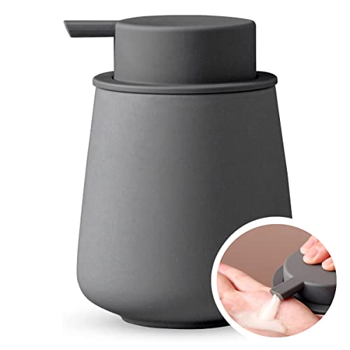 KAWEINA【NEW肌感新工法】ハンドソープボトル ソープディスペンサー 液体 手動 押しタイプ ポンプ式 手洗い セラミック 磁器 陶器 広口 ディスペンサー 詰め替え ハンドソープ用 食器用洗剤 北欧スタイル 台所 キッチン 洗面所 トイレ バスルーム お風呂場 (グレー, 液体タイプ)