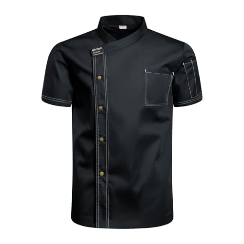 Chaqueta Chef para Hombres y Mujeres Camisa de Cocinero de Manga Corta, Uniforme de Cocina Transpirable,Ropa de Trabajo(Black,3XL)