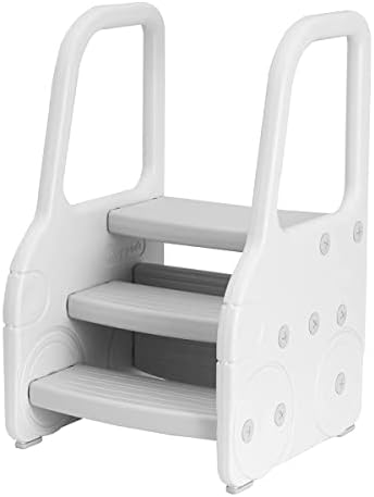 KATARUS Toddler Step Stool for Kids Three Step Standing Tower for Kitchen Counter, Bathroom Sink & Toilet Potty Training, Children Step Up Learning Helper with Handles and Safety Non-Slip Pads, Grey