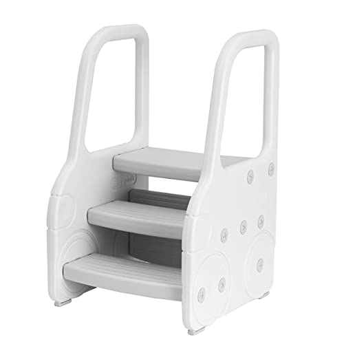 Katarus Toddler Step Stool For Kids Three Step Standing Tower For Kitchen Counter, Bathroom Sink & Toilet Potty Training, Children Step Up Learning Helper With Handles And Safety Non-Slip Pads, Grey #TOP2