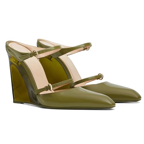 Goolita Clear Wedge Heels For Women, Closed Pointed Toe Mule Heels with Buckle Strap Sexy Backless Slip On Party Evening Shoes2