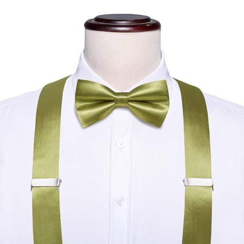 Image of Hi-Tie Olive Green Satin Suspender Bowtie Set for Men Suspenders Pre-tied Bow Tie Pocket Square Cufflinks Adjustable Y Shape 6 Clips Braces Tuxedo