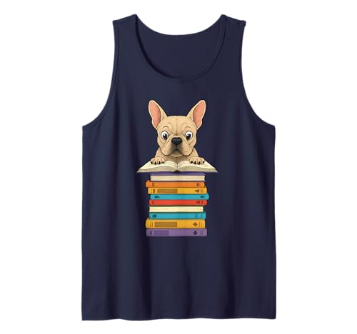 Simpatico Bulldog Francese Che Legge sul Mucchio di Libri Divertente Canotta
