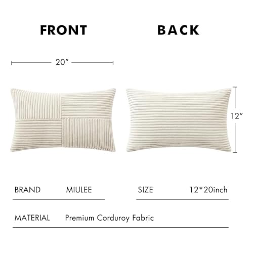 Image of MIULEE Cream White Decorative Lumbar Throw Pillow Covers 12x20 Inch for Couch Bed Sofa Pack of 2 Beige Neutral Boho Farmhouse Throw Pillows Soft Cross Corduroy Patchwork Textured Cushion Cases