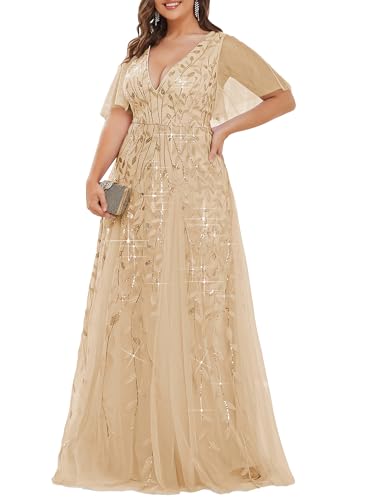 Ever-Pretty Women's Plus Size Sequin Embroidered Formal Evening Gown V-Neck